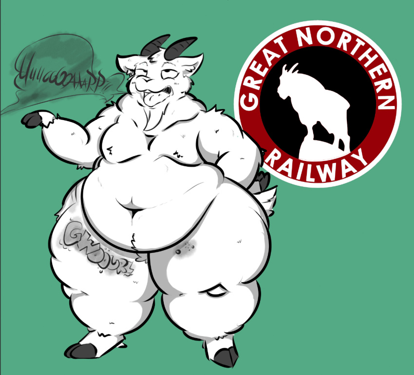 anthro beard belly belly_overhang big_belly bovid burp_cloud burping caprine domestic_goat facial_hair fur goat hooves horn huge_belly huge_thighs humanoid logo male mammal navel obese obese_male overweight overweight_male pennsy rumbling_stomach simple_background solo thick_thighs white_body white_fur wide_hips