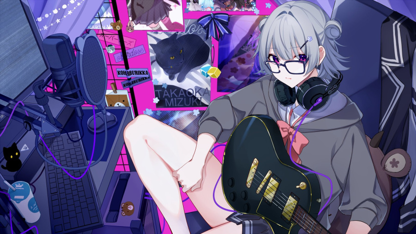 alternate_costume bedroom black_skirt bow bowtie cevio character_name closed_mouth collared_shirt commentary computer double_bun electric_guitar expressionless feet_out_of_frame flipped_hair from_above glasses grey_hair grey_hoodie guitar hair_bun hair_ornament hairclip hand_on_own_thigh headphones headphones_around_neck highres holding holding_instrument hood hood_down hoodie indoors instrument keyboard_(computer) knee_up koharu_rikka lakiston long_sleeves looking_at_viewer looking_over_eyewear looking_up loose_bowtie microphone mouse_(computer) on_chair overdose_(natori) pink_bow pink_bowtie pop_filter poster_(object) purple_eyes shirt short_hair sitting skirt studio_microphone swivel_chair synthesizer_v white_shirt yodare_(3yami8)