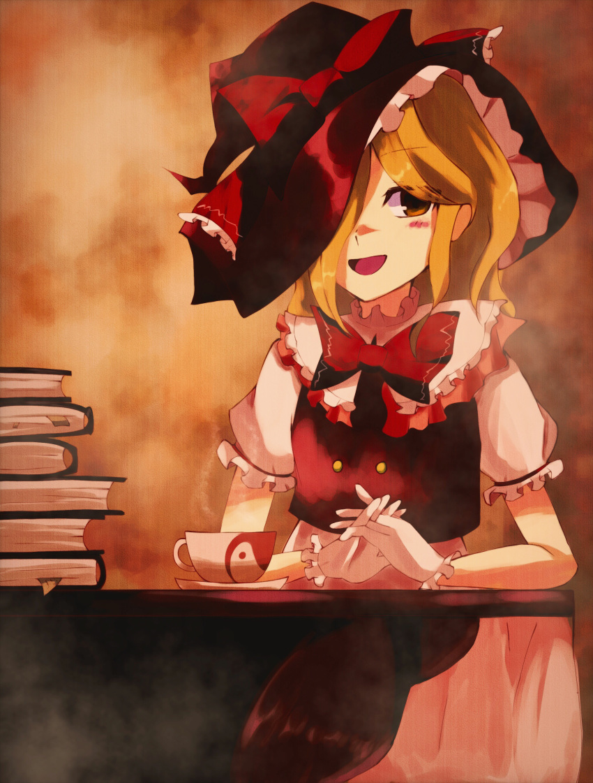 1girl absurdres blonde_hair book cup gloves hair_over_one_eye hat highres kirisame_marisa looking_at_viewer open_mouth smile solo teacup touhou ueea4553 white_gloves witch_hat yellow_eyes