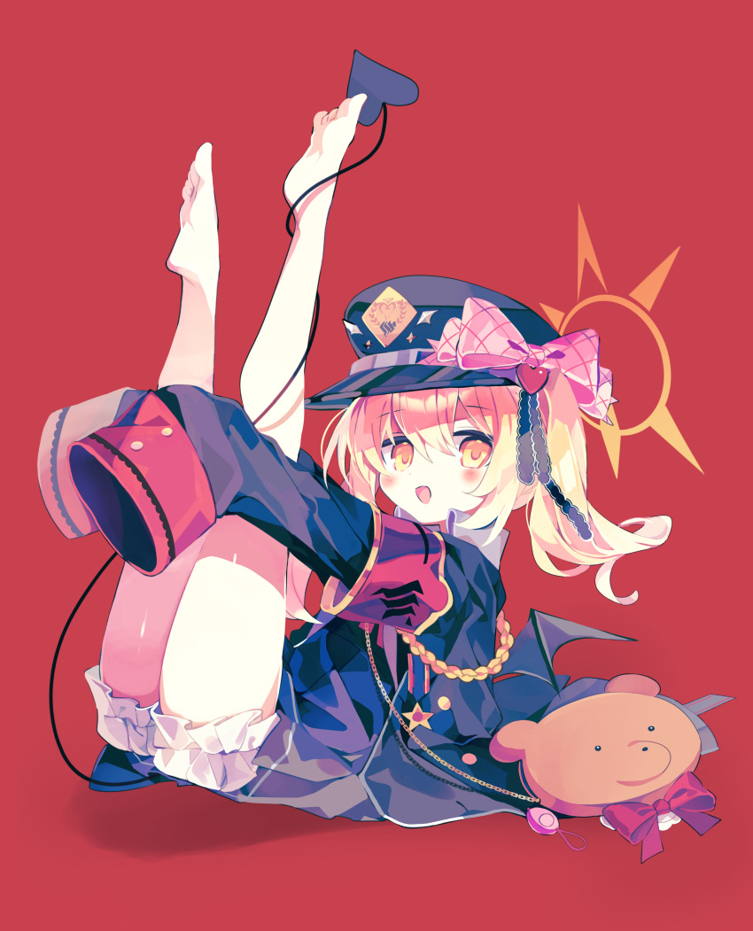 :d absurdres aiguillette barefoot black_jacket blonde_hair bloomers blue_archive blush bow collared_shirt commentary demon_tail demon_wings feet_up from_side full_body hair_ribbon halo hat hat_bow heart heart_tail highres holding_legs ibuki_(blue_archive) jacket leaning_forward long_hair long_sleeves looking_at_viewer low_wings lying meto_(metrin) military_jacket on_back open_mouth orange_eyes own_hands_together peaked_cap raised_eyebrows red_armband ribbon shirt sleeve_cuffs sleeves_past_fingers sleeves_past_wrists smile star_(symbol) stuffed_toy symbol-only_commentary tail underwear wings