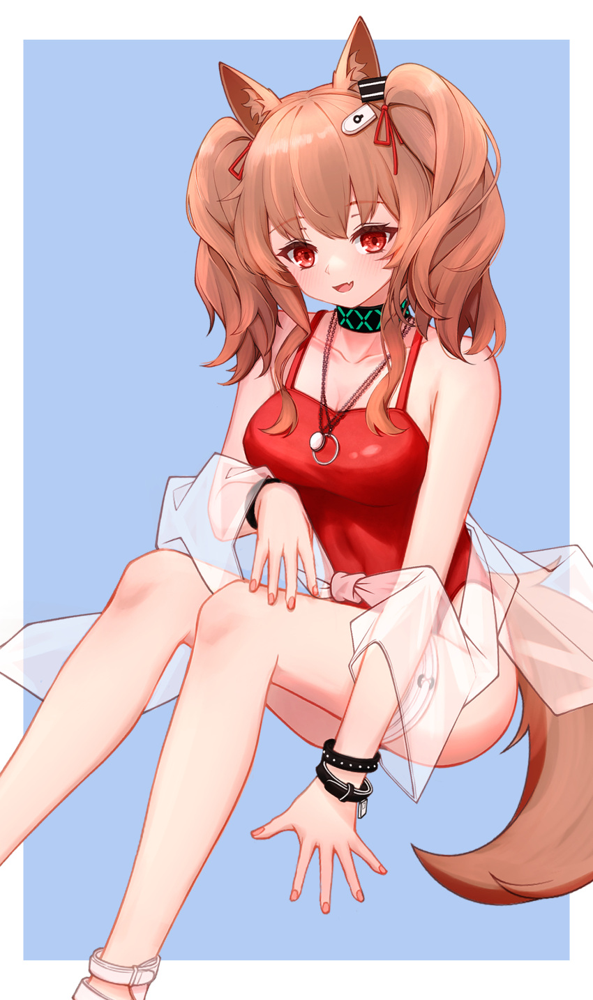 1girl :d absurdres angelina_(arknights) angelina_(summer_flower)_(arknights) animal_ears arknights black_collar blue_background blush border bracelet breasts brown_hair cleavage collar collarbone fang feet_out_of_frame fox_ears fox_girl fox_tail hair_ribbon highres infection_monitor_(arknights) jewelry long_hair looking_at_viewer lxjun_09 medium_breasts necklace official_alternate_costume one-piece_swimsuit open_mouth outside_border red_eyes red_one-piece_swimsuit red_ribbon ribbon sarong simple_background skin_fang smile solo swimsuit tail twintails white_border white_sarong