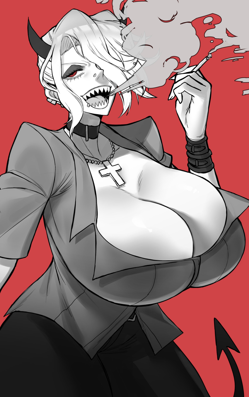 1girl absurdres breasts cigarette demon demon_girl demon_horns demon_tail ear_piercing fukamichi_ran'ou gigantic_breasts half-closed_eyes helltaker highres holding holding_cigarette horns looking_at_viewer mouth_piercing nose_piercing pants piercing red_background red_eyes sharp_teeth shirt smoke_from_mouth tail teeth zdrada_(helltaker)