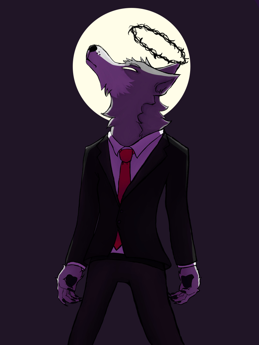 2020 3:4 absurd_res anthro black_clothing black_nose black_pawpads canid canine canis clothed clothing crown_of_thorns crunchy_bunny_artsy digital_drawing_(artwork) digital_media_(artwork) esteban_(oppression) fur grey_body grey_fur hi_res howl male mammal moon necktie pawpads purple_background red_necktie simple_background solo spine_crown suit white_clothing white_eyes wolf