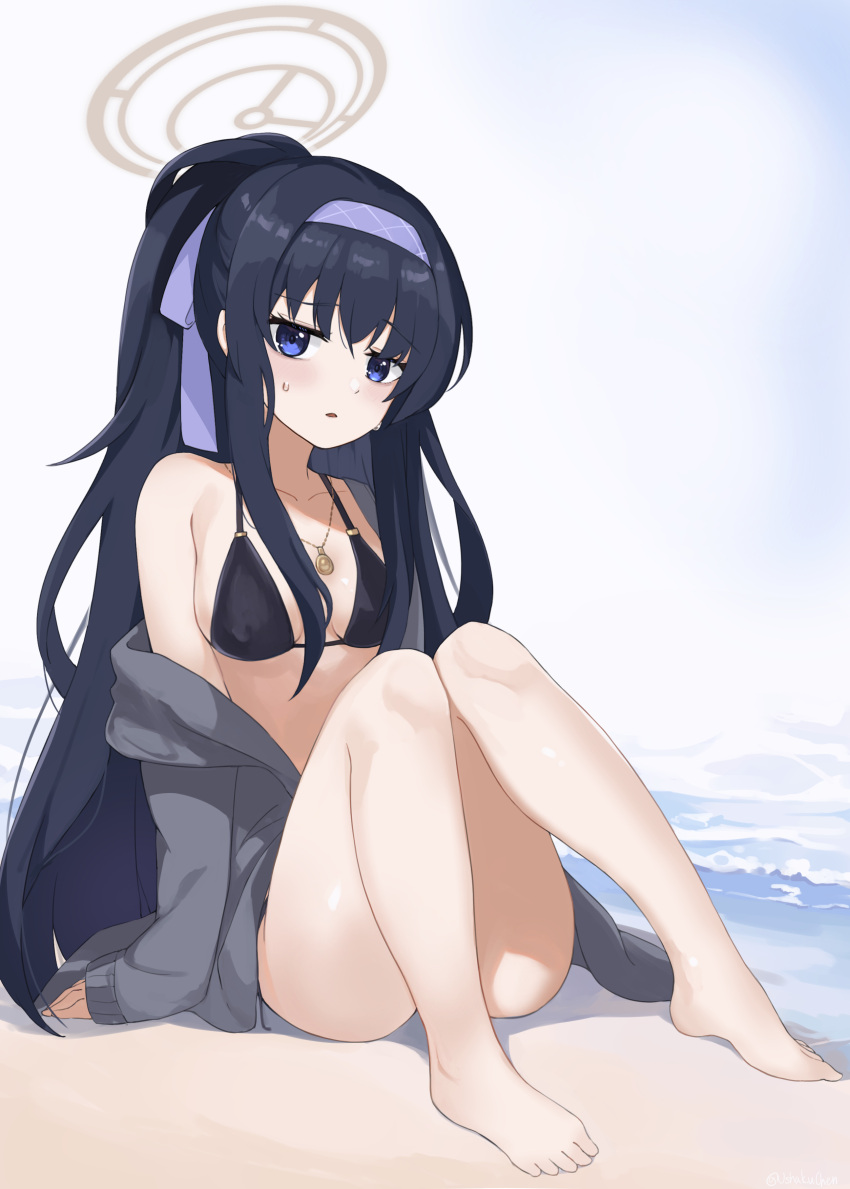 1girl absurdres arm_support ass bare_legs barefoot beach bikini black_bikini black_hair blue_archive bow breasts cardigan cleavage collarbone commentary_request feza_chen_(ushaku) grey_cardigan hair_between_eyes hair_bow hair_ribbon hairband halo head_tilt highres jewelry knees_together_feet_apart knees_up long_hair long_sleeves looking_at_viewer navel necklace ocean official_alternate_costume official_alternate_hairstyle open_cardigan open_clothes parted_lips pendant ponytail purple_eyes ribbon sidelocks simple_background sitting sleeveless small_breasts solo spaghetti_strap stomach sweatdrop swimsuit toes ui_(blue_archive) ui_(swimsuit)_(blue_archive) white_background