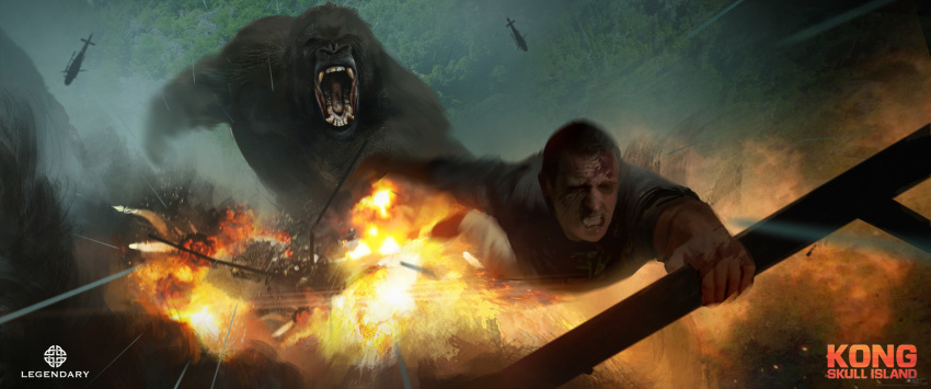 2boys aircraft animal ape battle davepaget explosion fangs fire giant giant_monster gorilla helicopter highres holding holding_on kaijuu king_kong king_kong_(series) kong:_skull_island legendary_pictures monster monsterverse movie_poster multiple_boys open_mouth oversized_animal roaring sharp_teeth teeth