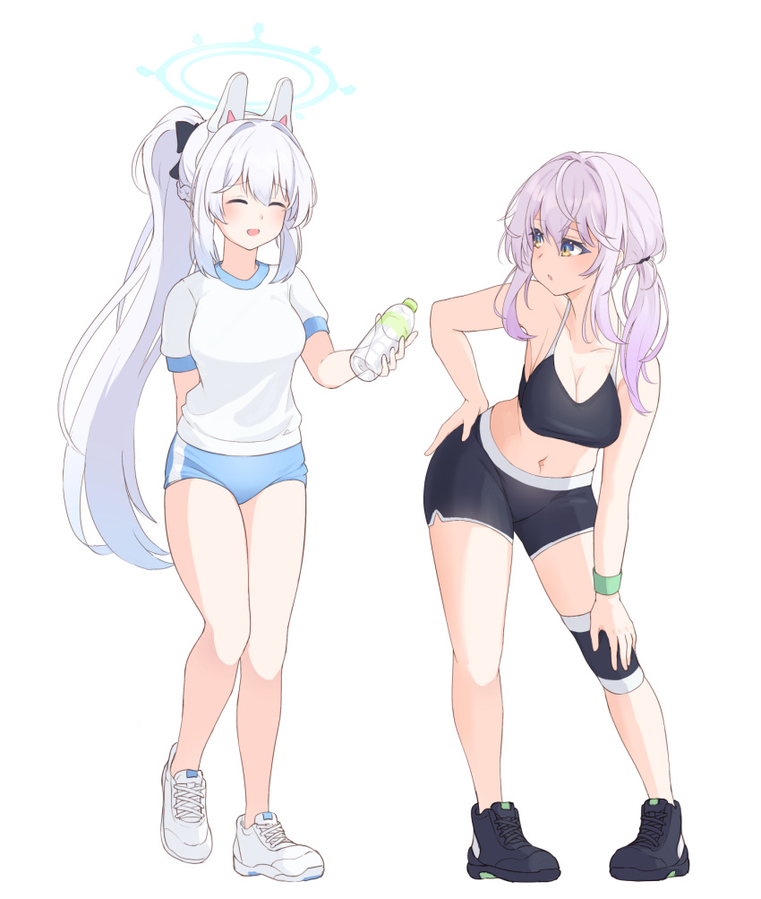 2girls animal_ears black_footwear black_shorts blue_archive blue_buruma blue_halo blush bottle breasts buruma cleavage closed_eyes clov3r collarbone fake_animal_ears grey_hair gym_shirt gym_uniform halo highres holding holding_bottle large_breasts long_hair medium_breasts miyako_(blue_archive) multiple_girls navel open_mouth original ponytail purple_hair rabbit_ears shirt shoes short_sleeves shorts simple_background smile sneakers twintails water_bottle white_background white_footwear white_hair white_shirt yellow_eyes