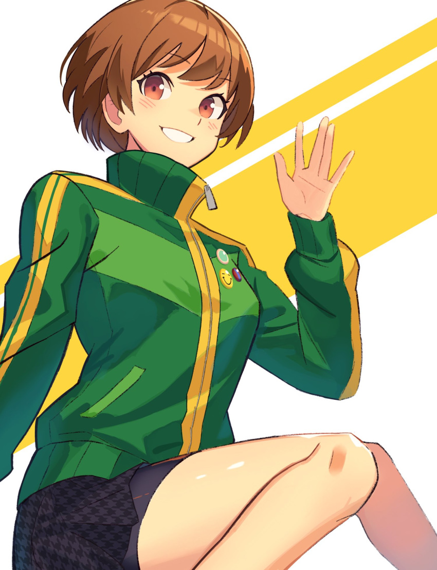 1girl bike_shorts black_skirt blush brown_eyes brown_hair english_commentary feet_out_of_frame green_jacket hand_up highres jacket knees_together_feet_apart kumaking looking_at_viewer miniskirt mixed-language_commentary multicolored_clothes multicolored_jacket persona persona_4 satonaka_chie short_hair shorts shorts_under_skirt sidelocks sitting skirt smile solo swept_bangs teeth thighs track_jacket two-tone_background two-tone_jacket white_background yellow_background yellow_jacket zipper