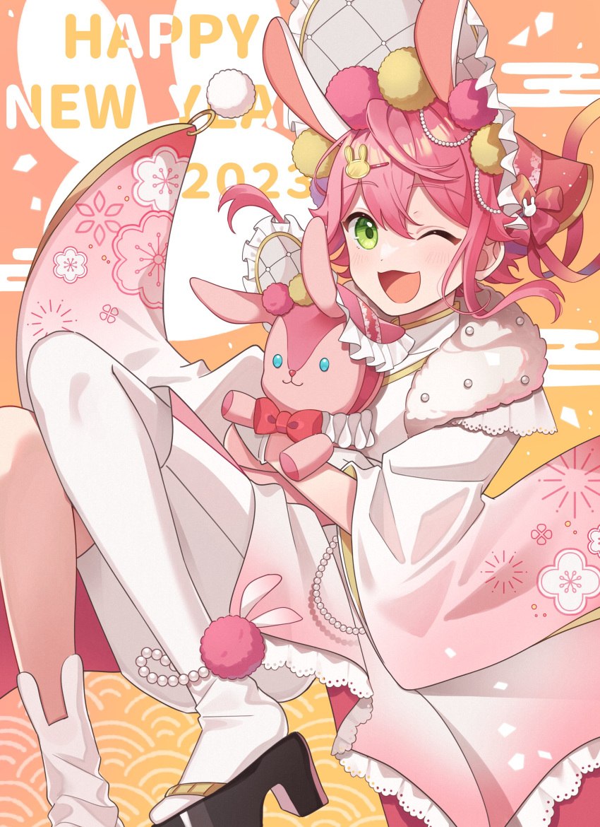 1boy 2023 ;3 ;d absurdres androgynous animal_ears bangs black_footwear blush bonnet bow chinese_zodiac commentary_request egasumi ensemble_stars! floating_hair frills gradient_background green_eyes hair_between_eyes hair_ornament hairclip happy_new_year highres himemiya_tori holding holding_stuffed_toy lace_trim long_sleeves looking_at_viewer male_focus one_eye_closed open_mouth pink_hair pink_headwear pink_ribbon pom_pom_(clothes) pom_pom_hair_ornament rabbit_ears red_bow ribbon sandals seigaiha shino_(sinotaro_) short_hair shorts sidelocks simple_background single_sock single_thighhigh smile socks solo stuffed_animal stuffed_rabbit stuffed_toy thighhighs white_shorts white_socks white_thighhighs wide_sleeves year_of_the_rabbit
