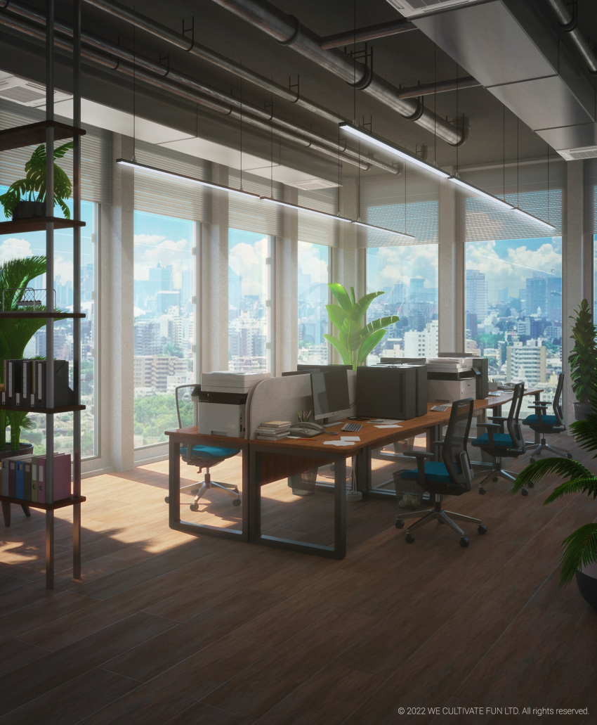2022 3d air_vent artist_name bookshelf ceiling ceiling_light chair city cityscape day highres indoors industrial_pipe interior keyboard_(computer) monitor no_humans office office_chair original plant potted_plant printer scanner scenery shelf surafin swivel_chair table