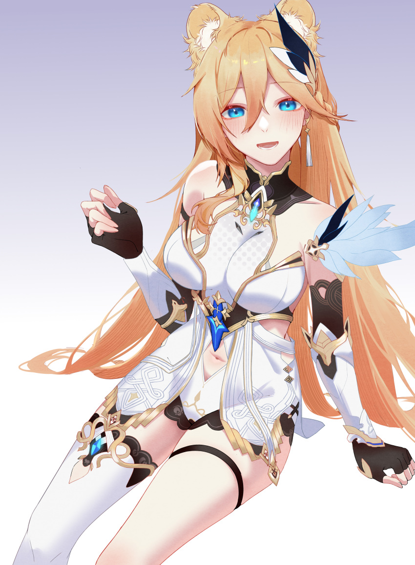 1girl :d absurdres animal_ear_fluff animal_ears bangs bare_shoulders bear_ears bianka_durandal_ataegina bianka_durandal_ataegina_(palatinus_equinox) black_gloves blonde_hair blue_eyes breasts clothing_cutout dress earrings fingerless_gloves gloves highres honkai_(series) honkai_impact_3rd invisible_chair jewelry navel navel_cutout open_mouth single_thighhigh sitting smile solo thighhighs white_background white_dress white_thighhighs youmiao_oxo