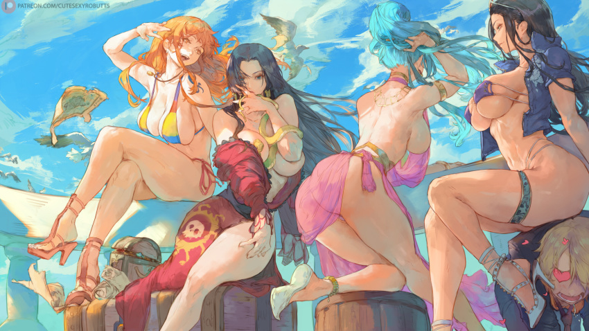 1boy 4girls ass bare_shoulders barrel bikini bird black_hair blonde_hair blue_eyes blue_hair blue_shirt blue_sky blush boa_hancock breasts brown_eyes cleavage cutesexyrobutts dress earrings eyepatch_bikini eyewear_on_head hair_over_one_eye hair_pulled_back heart heart-shaped_eyes heart-shaped_pupils high_heels highres huge_breasts jewelry large_breasts long_hair looking_at_viewer map multicolored_bikini multicolored_clothes multiple_girls nami_(one_piece) nefertari_vivi nico_robin off_shoulder one_piece open_clothes open_shirt orange_eyes orange_hair parted_bangs ponytail purple_bikini red_dress sanji_(one_piece) sarong seagull shirt short_hair short_sleeves shoulder_tattoo sideboob skull_print sky smile snake snake_earrings swimsuit symbol-shaped_pupils tattoo thighs treasure_chest very_long_hair