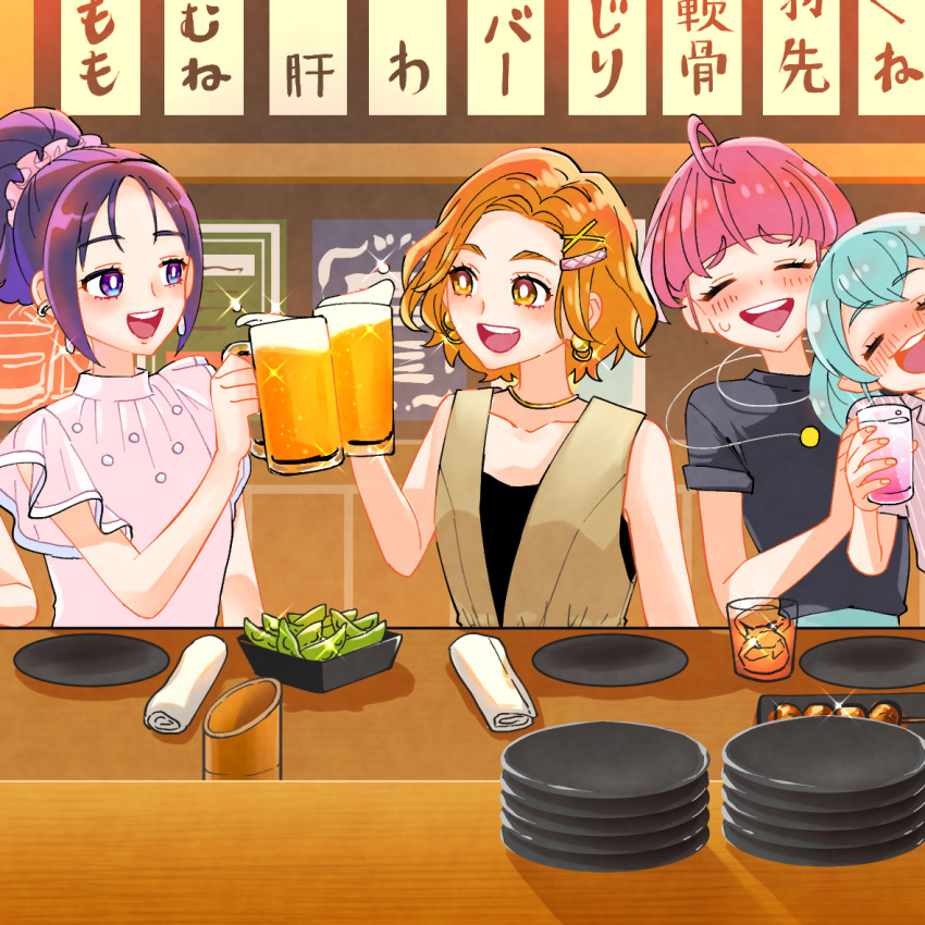 ahoge alcohol beer_mug blush bright_pupils brown_shirt closed_eyes cup drinking_glass drunk earrings frilled_sleeves frills green_hair hagoromo_lala hair_ornament hairclip holding holding_cup hoshina_hikaru hyuuga_saki indoors izakaya jewelry kibou_no_chikara_~otona_precure_'23~ leaning_on_person looking_at_another mishou_mai monster_rally mug natsuki_rin necklace open_mouth orange_eyes orange_hair out_of_frame plate purple_eyes purple_hair shirt short_hair shot_glass smile sparkle sweatdrop white_pupils white_shirt x_hair_ornament