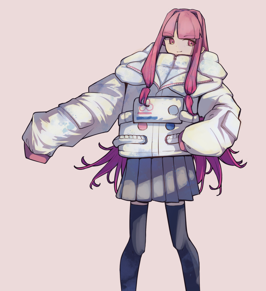 1girl absurdres alternate_costume amagishiki apollo_(neutrino) black_thighhighs closed_mouth coat commentary_request feet_out_of_frame grey_skirt hair_intakes hand_on_own_hip highres kotonoha_akane long_hair long_sleeves looking_at_viewer low-tied_sidelocks outstretched_arm pink_background pink_hair pleated_skirt puffy_coat red_eyes sidelocks simple_background skirt sleeves_past_fingers sleeves_past_wrists smile smirk solo spacesuit standing thighhighs voiceroid white_coat