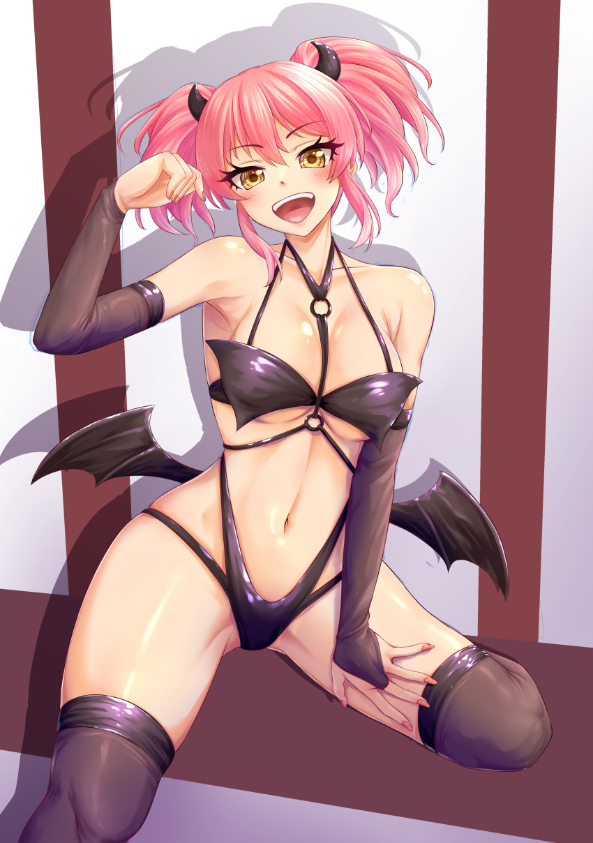 1girl :d absurdres bare_shoulders bikini black_bikini black_horns breasts brown_thighhighs demon_costume detached_sleeves hand_up highres horns idolmaster idolmaster_cinderella_girls jougasaki_mika large_breasts legs_apart navel over-kneehighs pink_hair rikai_tte_nainari_(nokinari) shiny_skin smile solo swimsuit tanjunde teeth thighhighs twintails upper_teeth_only wings