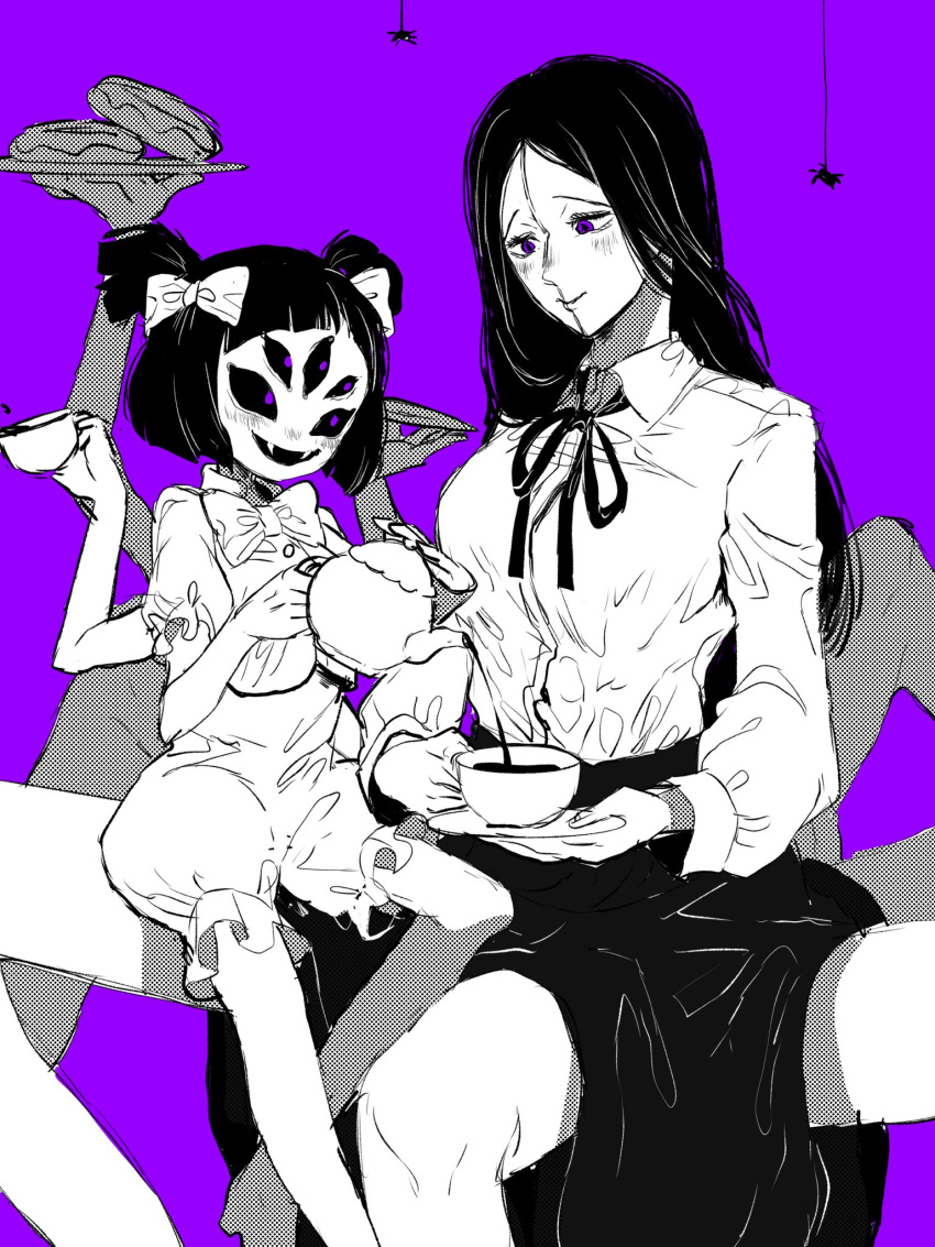 3girls arthropod_girl black_hair black_sclera black_skirt bow breasts bug chainsaw_man colored_sclera cup extra_arms extra_eyes extra_legs fangs greyscale_with_colored_background hair_bow highres long_hair looking_at_another medium_breasts monochrome muffet multiple_girls multiple_legs open_mouth princi_(chainsaw_man) puffy_sleeves purple_theme short_hair short_twintails silk simple_background skirt smile spider spider_girl teacup teapot twintails undertale yumekaki787