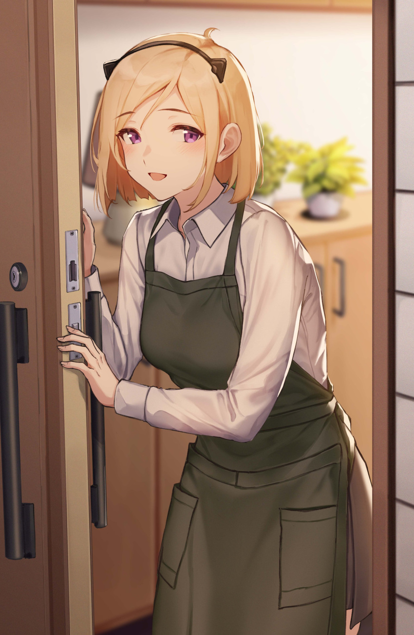 1girl 3_small_spiders :d absurdres animal_ears apron blonde_hair blush breasts cat_ears collarbone commission cowboy_shot door fake_animal_ears girls'_frontline green_apron hairband hands_up highres indoors long_sleeves looking_at_viewer m3_(girls'_frontline) medium_breasts medium_hair open_mouth opening_door plant potted_plant purple_eyes shirt skeb_commission smile solo white_shirt