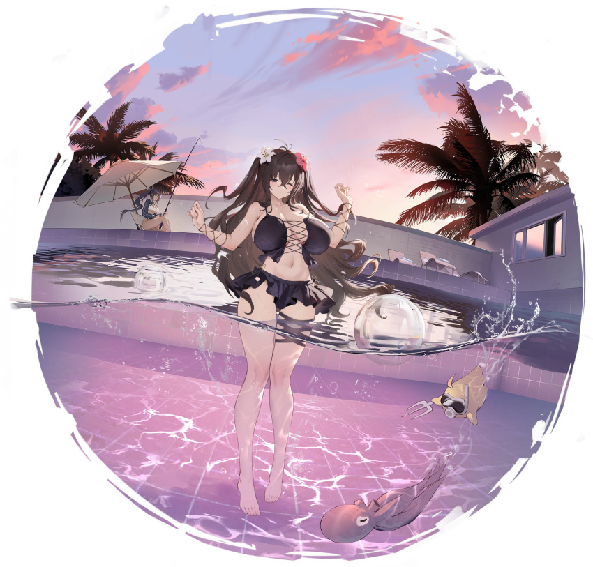 2girls artist_request azur_lane ball beachball bikini black_bikini breasts breasts_apart brown_hair flower frilled_bikini frills fubuki_(senran_kagura) fubuki_(sunset_witch)_(senran_kagura) hair_flower hair_ornament highres holding_trident homura_(senran_kagura) homura_(the_shinobi_angler)_(senran_kagura) huge_breasts long_hair manjuu_(azur_lane) microskirt multiple_girls octopus official_alternate_costume official_art one_eye_closed partially_underwater_shot pool poolside red_flower senran_kagura skirt swimsuit very_long_hair white_flower