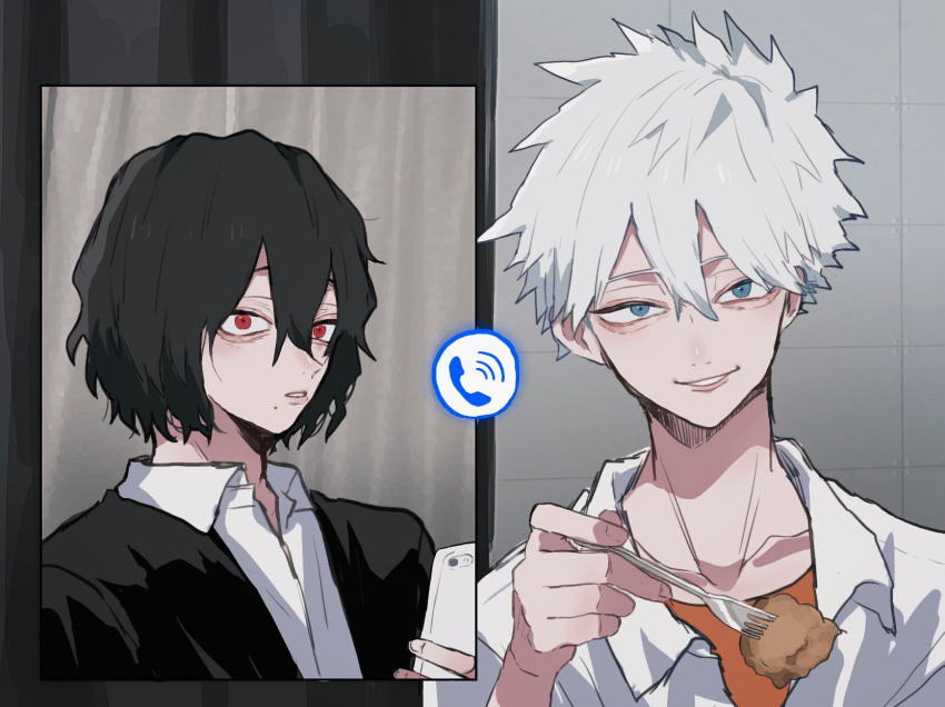 2boys ametaro_(ixxxzu) black_hair black_jacket blue_eyes boku_no_hero_academia cellphone food fork highres holding holding_fork holding_phone jacket male_focus multiple_boys orange_shirt phone red_eyes shigaraki_tomura shirt short_hair simple_background smartphone spiked_hair todoroki_touya white_background white_hair white_shirt wrinkled_skin