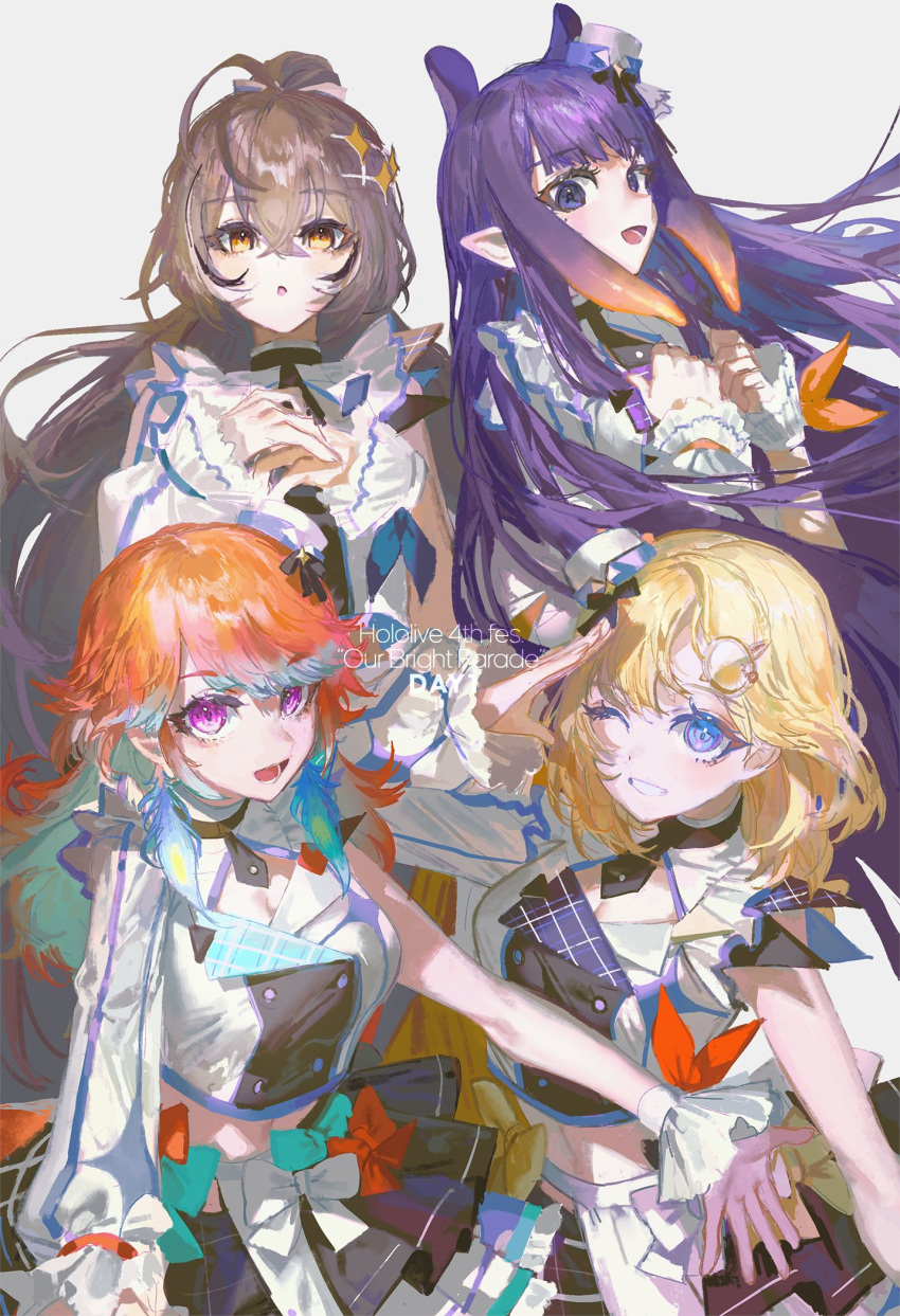 4girls :d :o ahoge asymmetrical_sleeves black_skirt blonde_hair blue_eyes blunt_bangs bob_cut bow brown_eyes brown_hair buttons crop_top double-breasted gradient_hair green_hair grin hair_ornament hairclip half-skirt hat highres hololive hololive_english hololive_idol_uniform hololive_idol_uniform_(bright) long_hair mini_hat mini_top_hat mole mole_under_eye monocle_hair_ornament multicolored_hair multiple_girls nanashi_mumei ninomae_ina'nis one_eye_closed open_mouth orange_hair plaid plaid_skirt pleated_skirt pointy_ears ponytail purple_eyes purple_hair quasarcake salute short_hair sidelocks skirt smile straight_hair streaked_hair takanashi_kiara tentacle_hair top_hat uneven_sleeves very_long_hair virtual_youtuber watson_amelia