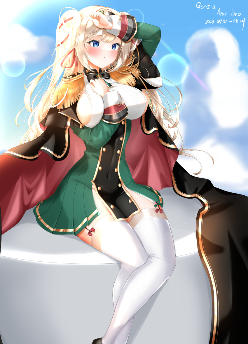 1girl :o absurdres arm_up azur_lane black_cape blonde_hair blue_eyes blue_sky blush breasts cape character_name cloud copyright_name dated dress gorizia_(azur_lane) green_dress hair_ribbon highres kijipe large_breasts lens_flare long_hair outdoors red_cape ribbon short_dress sitting sky solo thighhighs two-tone_cape two_side_up very_long_hair white_thighhighs zettai_ryouiki