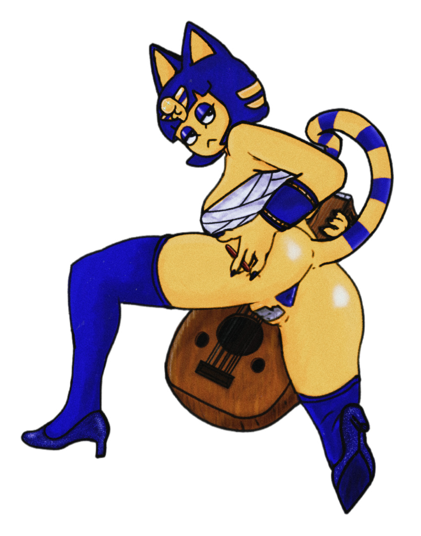 anal_only animal_crossing ankha_(animal_crossing) anthro anus armwear big_breasts blue_anus blue_eyelids blue_hair bottomless breasts butt claws clothed clothing egyptian female footwear fur genitals glistening glistening_butt glitter gold_(metal) gold_jewelry hair hi_res high_heels jewelry jojispoon88 kneeling leggings legwear looking_back musical_instrument nintendo oud pose presenting presenting_anus presenting_hindquarters presenting_pussy pussy pussy_tape sharp_claws solo spread_anus spread_butt spread_legs spreading tail wrappings yellow_body yellow_fur