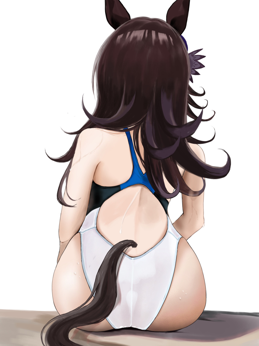 1girl absurdres alternate_costume animal_ears ass backless_swimsuit blue_flower commentary_request competition_swimsuit facing_away flower from_behind hat hat_flower highres horse_ears horse_girl horse_tail long_hair one-piece_swimsuit partial_commentary rice_shower_(umamusume) sitting solo swimsuit tail tilted_headwear two-tone_swimsuit umainu_2002 umamusume wet wet_clothes wet_swimsuit white_background