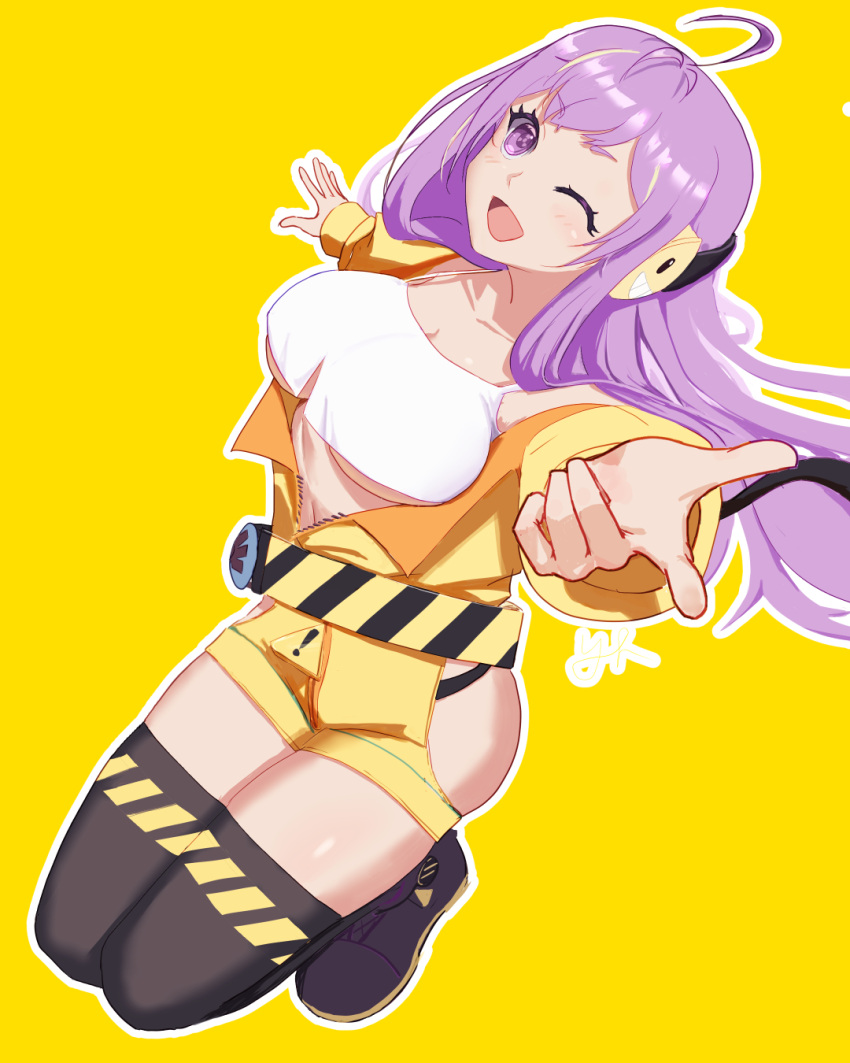 ! 1girl around belt finger_gun fingers highres jumpsuit long_hair navel one_eye_closed pointing pointing_at_viewer purple_eyes purple_hair smile thighhighs vividly_vivi yellow_jumpsuit