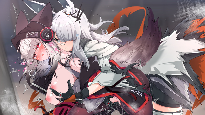 2girls absurdres animal_ear_fluff animal_ears arknights beanie black_headwear black_pantyhose black_shorts blush breasts breasts_out clothes_writing coat ear_ornament ears_through_headwear fingering fox_ears fox_girl fox_tail frostleaf_(arknights) frostnova_(arknights) grabbing grabbing_from_behind grey_eyes hair_over_one_eye hat headphones heart heart-shaped_pupils highres kurarome large_breasts long_hair multiple_girls nipples open_mouth oripathy_lesion_(arknights) pantyhose rabbit_ears rabbit_girl red_eyes scar scar_on_face scar_on_nose shorts symbol-shaped_pupils tail textless_version torn_clothes torn_pantyhose variant_set white_coat white_hair yuri
