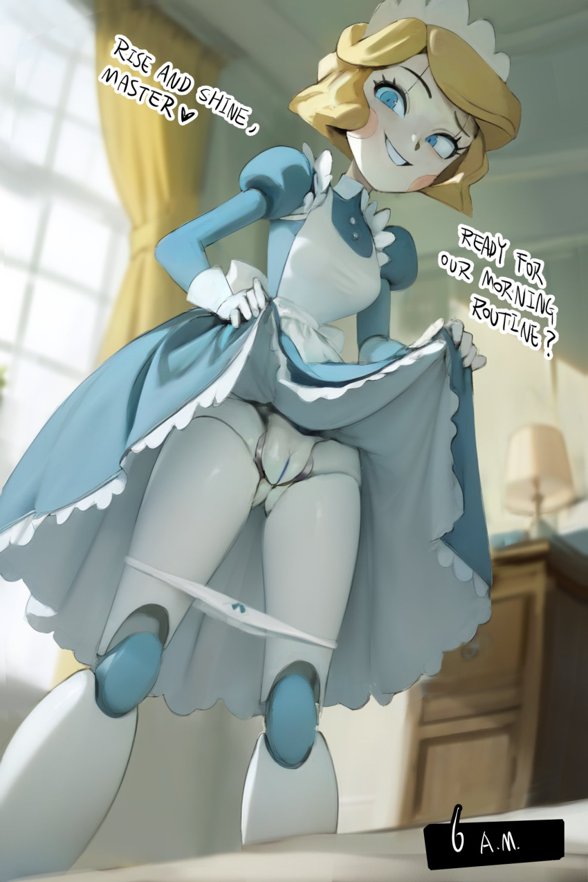 1girl :d android blue_dress blue_eyes blush_stickers bow bow_panties brown_hair cleft_of_venus clothes_lift commentary curtains dress dress_lift emmy_(emmy_the_robot) emmy_the_robot english_commentary english_text eyelashes gloves highres indoors joints lamp looking_at_viewer maid maid_headdress muntins nightstand pale_skin panties panty_pull parted_lips pussy robot_joints short_hair smewed smile solo underwear white_gloves white_panties window