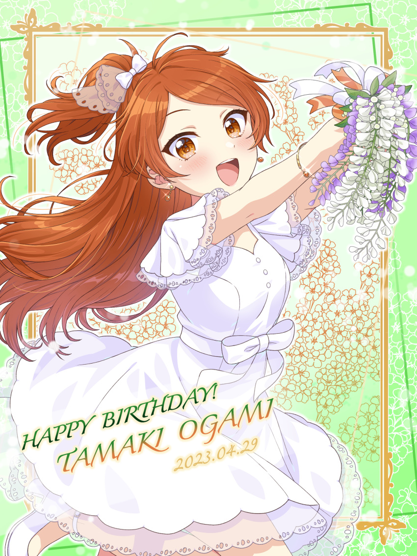 1girl 2023 absurdres blush bouquet bow bracelet brown_eyes buttons character_name dress earrings floral_print flower framed hair_ornament happy_birthday highres holding holding_bouquet idolmaster idolmaster_million_live! idolmaster_million_live!_theater_days jewelry long_hair looking_at_viewer ogami_tamaki one_side_up open_mouth orange_hair ornate_border parted_bangs ribbon see-through see-through_sleeves shiro_(ongrokm) short_sleeves smile solo white_dress white_footwear