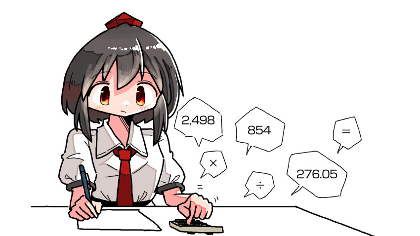 1girl black_hair calculator closed_mouth collared_shirt hat highres kasuya_baian math necktie paper pen puffy_short_sleeves puffy_sleeves red_eyes red_headwear red_necktie shameimaru_aya shirt short_hair short_sleeves simple_background solo speech_bubble tareme tokin_hat touhou white_background white_shirt