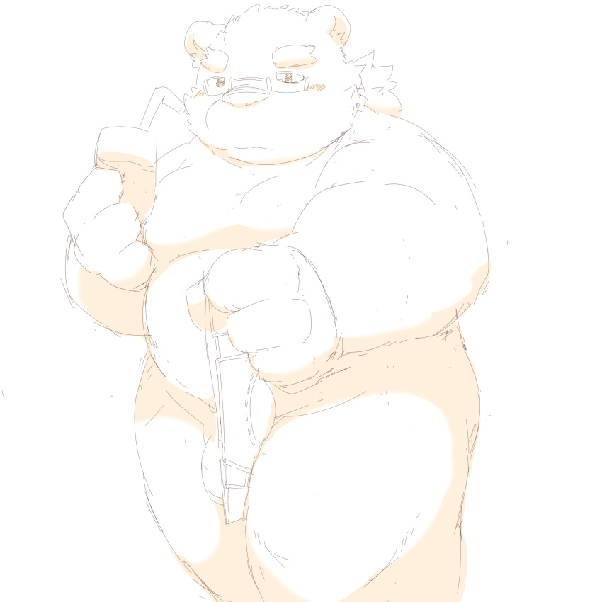 1:1 anthro balls bear belly beverage clothing flaccid genitals glasse hair hi_res leib_(tas) lifewonders male mammal musclegut nude overweight pecs penis polar_bear ponytail ryuryutwins sketch solo speedo swimwear tokyo_afterschool_summoners ursine