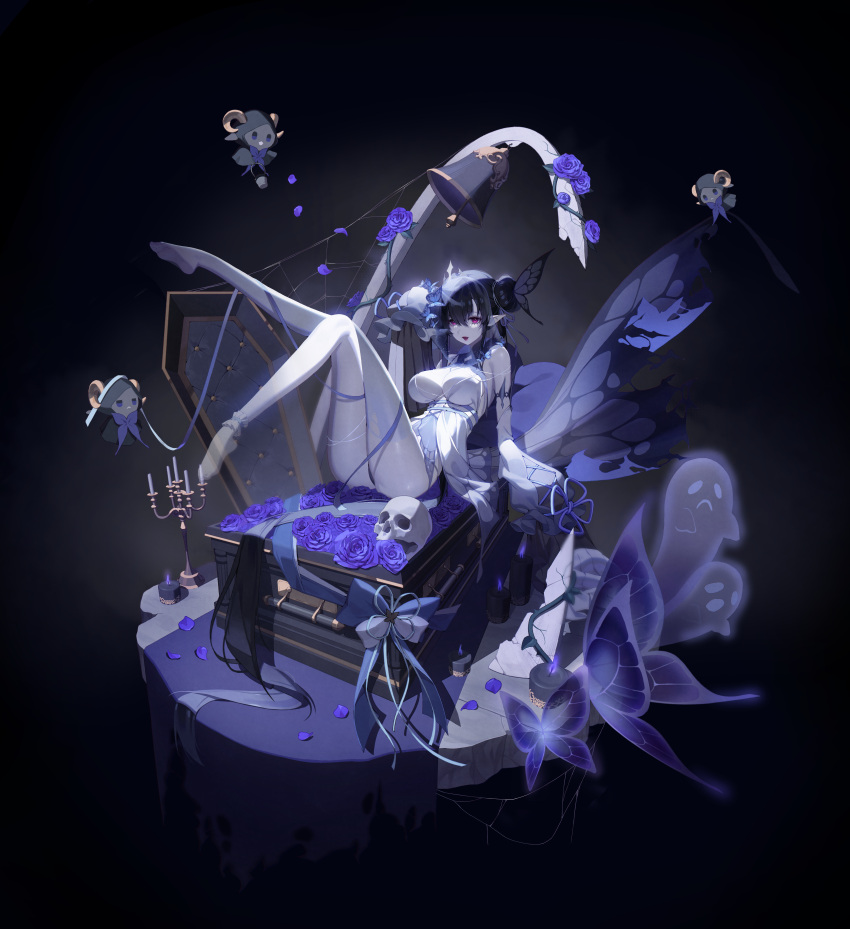 1girl absurdres arm_support babydoll bell black_background black_hair black_panties blue_bow blue_ribbon bow breasts bug butterfly candle candlestand coffin creature crossed_legs curled_horns detached_sleeves falling_petals fire flower ghost grey_thighhighs hair_between_eyes hair_bun hair_ribbon highres hood hood_up horns knee_up large_breasts leaning_forward leg_up lemonpear long_hair no_shoes open_mouth original panties petals pointy_ears purple_fire purple_flower purple_ribbon purple_rose ribbon rose see-through single_thighhigh skull sleeves_past_fingers sleeves_past_wrists thighhighs thorns underwear veil very_long_hair white_babydoll