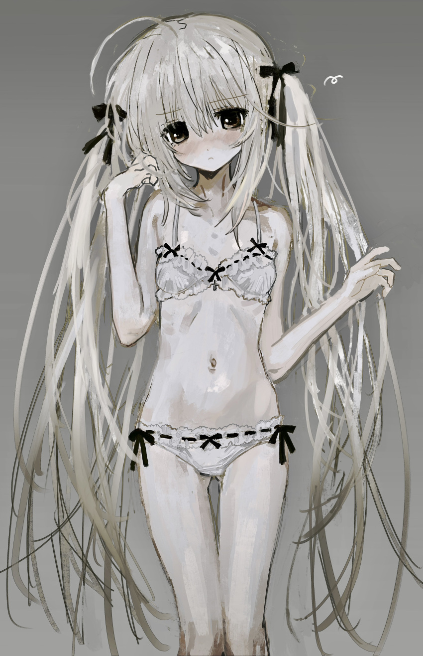 1girl absurdres ahoge black_ribbon blush bra breasts brown_eyes embarrassed frilled_bra frilled_panties frills grey_background grey_hair hair_ribbon hand_in_own_hair hands_up head_tilt highres kasugano_sora long_hair looking_at_viewer nose_blush pale_skin panties ribbon ribs simple_background skinny small_breasts solo thigh_gap trtrttrrrrrr twintails underwear underwear_only very_long_hair white_bra white_panties yosuga_no_sora