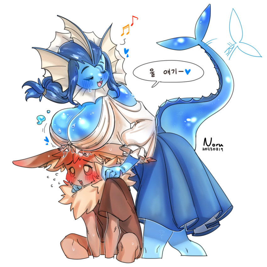 &lt;3 anthro big_breasts blue_body blue_hair blush bodily_fluids boob_hat bottomwear breasts brown_body brown_fur brown_pupils clothing duo ear_fins eevee eeveelution female fin frill_(anatomy) fur generation_1_pokemon glistening glistening_body hair hi_res inner_ear_fluff larger_female male male/female neck_frill neck_tuft nintendo noruru3737 pokemon pokemon_(species) pupils sibling_(lore) size_difference skirt smaller_male sweat tail tail_motion tailwag translucent translucent_body tuft vaporeon