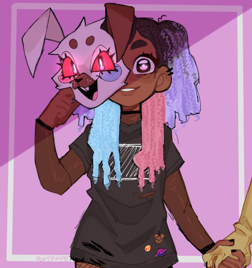 1girl 1other artist_name artist_self-insert black_hair black_nails black_shirt blue_hair character_request commentary dark-skinned_female dark_skin ear_piercing fishnet_pantyhose fishnets five_nights_at_freddy's highres holding holding_hands holding_mask mask multicolored_hair original pantyhose pcktknife piercing pink_hair purple_eyes purple_hair see-through see-through_shirt shirt signature smile torn_clothes torn_shirt two_side_up vanny_(fnaf)