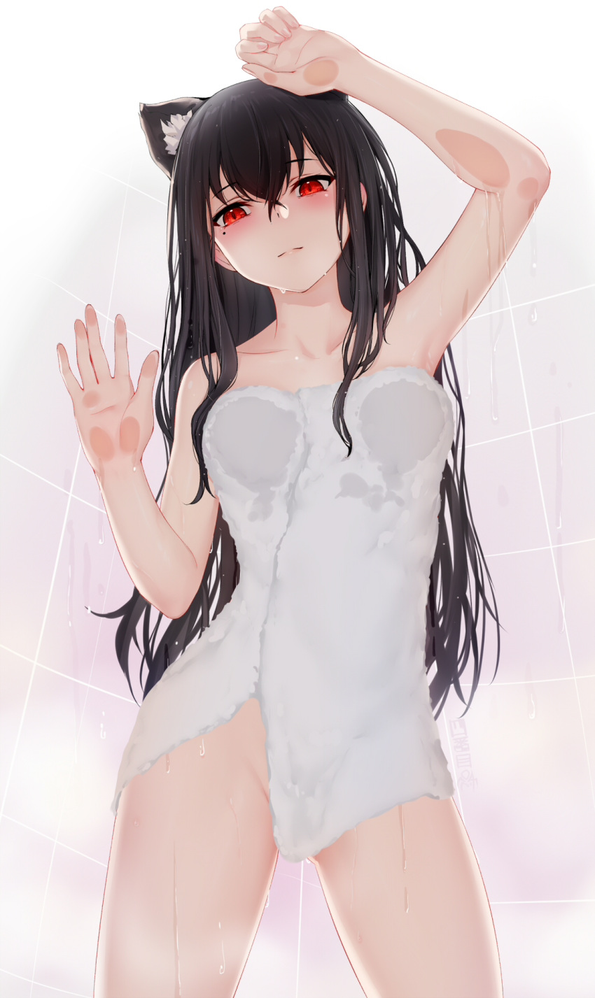 1girl against_fourth_wall against_glass animal_ear_fluff animal_ears black_hair breast_press breasts breasts_on_glass cat_ears cat_girl extra_ears hand_on_glass highres indie_virtual_youtuber light_smile long_hair looking_at_viewer naked_towel red_eyes shibanme_tekikumo small_breasts towel virtual_youtuber wet xingye