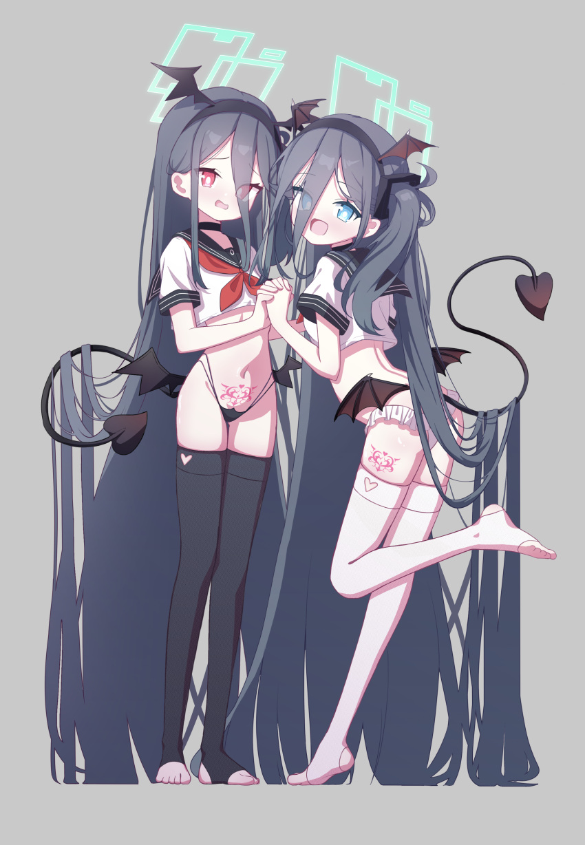 &lt;key&gt;_(blue_archive) 2girls 525_woiwo absurdly_long_hair absurdres aris_(blue_archive) black_hair black_leggings black_sailor_collar black_wings blue_archive blue_eyes blush commentary demon_tail demon_wings green_halo grey_background halo head_wings highres leg_tattoo leggings long_hair multiple_girls navel neckerchief one_side_up open_mouth pubic_tattoo red_eyes red_neckerchief ringed_eyes sailor_collar short_sleeves simple_background smile tail tattoo very_long_hair white_leggings wings