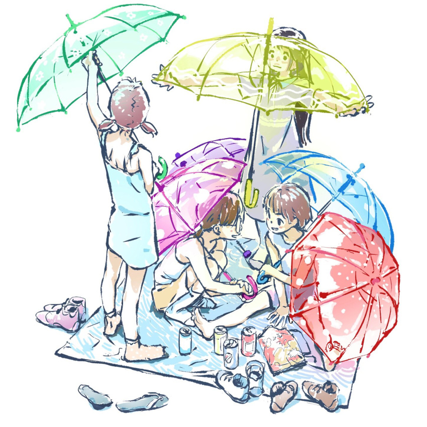 4girls aqua_umbrella bag_of_chips barefoot black_hair blue_dress blue_footwear blue_umbrella brown_footwear brown_hair can dress glasses highres mat multiple_girls orange_socks original pepsi pink_shorts pink_umbrella polka_dot polka_dot_legwear purple_dress purple_footwear red_umbrella round_eyewear sandals shirt short_twintails shorts simple_background sitting smile socks soda_can squatting standing tenshinhannnn twintails umbrella white_background white_shirt white_socks