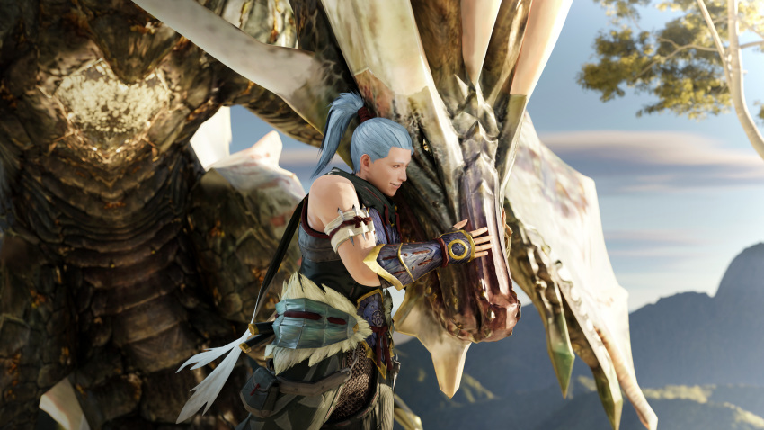 16:9 2023 3d_(artwork) 4k absurd_res amatsu_(mh) ambiguous_gender armor blue_hair capcom claws clothed clothing detailed_background digital_media_(artwork) dragon duo elder_dragon embrace eye_contact feral fin floating hair hand_on_snout hi_res hug human ivorylagiacrus long_snout looking_at_another looking_at_partner male male_(lore) mammal monster_hunter mountain outside plant scales scalie smile snout tree widescreen wings yellow_eyes