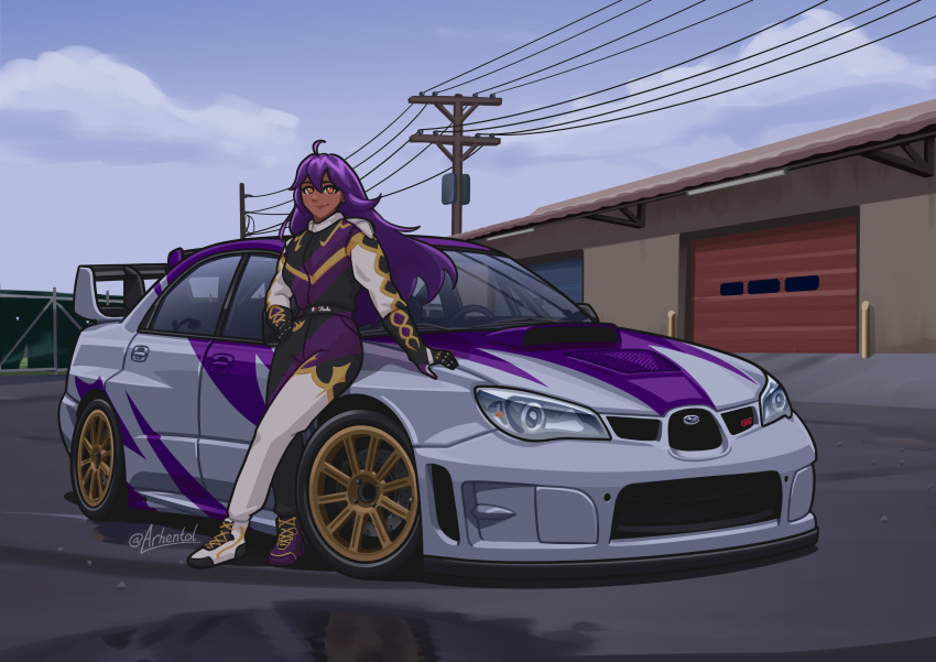 1girl absurdres arhentol black_gloves breasts brown_eyes cloud commission dark-skinned_female dark_skin english_commentary garage gloves hair_between_eyes hand_on_own_hip highres long_hair medium_breasts original power_lines purple_hair racing_suit sky smile solo spoiler_(automobile) subaru_(brand) subaru_impreza twitter_username vehicle_focus very_long_hair