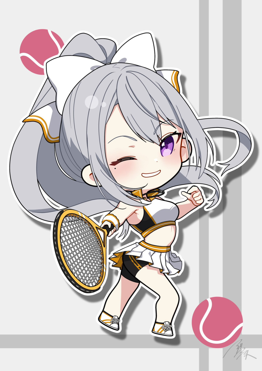 1girl asazuke25 bike_shorts_under_skirt bow crop_top grey_hair hair_bow highres higuchi_kaede long_hair mole mole_under_eye nijisanji one_eye_closed pleated_skirt purple_eyes racket skirt solo swept_bangs tennis tennis_racket very_long_hair virtual_youtuber white_bow white_footwear white_skirt