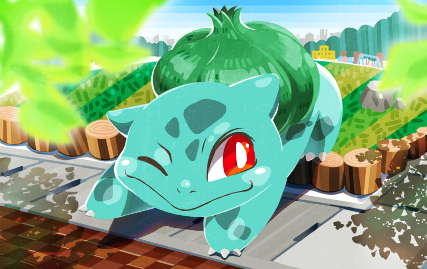 animal_focus blurry blurry_foreground bright_pupils bulbasaur claws closed_mouth commentary_request grass leaf monjiro no_humans nostrils one_eye_closed outdoors playground pokemon pokemon_(creature) rock shadow sidewalk solo white_pupils