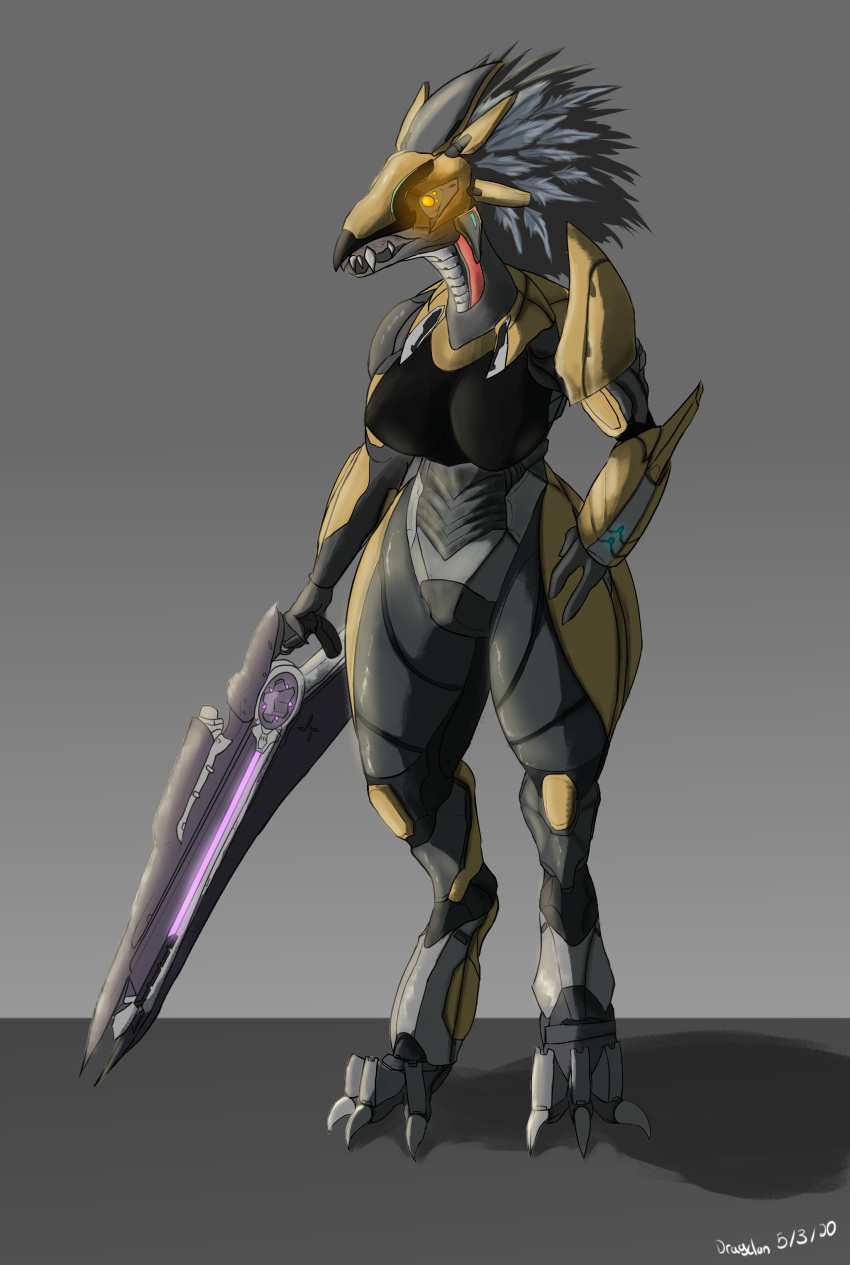 2020 3_fingers 3_toes absurd_res alien anthro armor avian beak beam_rifle breasts claws colored cuisse digitigrade dragclan energy_weapon fangs feather_hair feathered_crest feathers feet female fingers glistening glistening_body glowing glowing_eyes gold_(metal) gold_armor grey_body grey_feather_hair grey_feathers gun halo_(series) hand_on_hip head_crest headgear helmet hi_res holding_gun holding_object holding_ranged_weapon holding_weapon kig-yar microsoft non-mammal_breasts poleyn pseudo_hair ranged_weapon rerebrace scalie shaded simple_background solo spaulder standing t'vaoan teeth thick_thighs toe_claws toes vambrace weapon wide_hips xbox_game_studios yellow_eyes