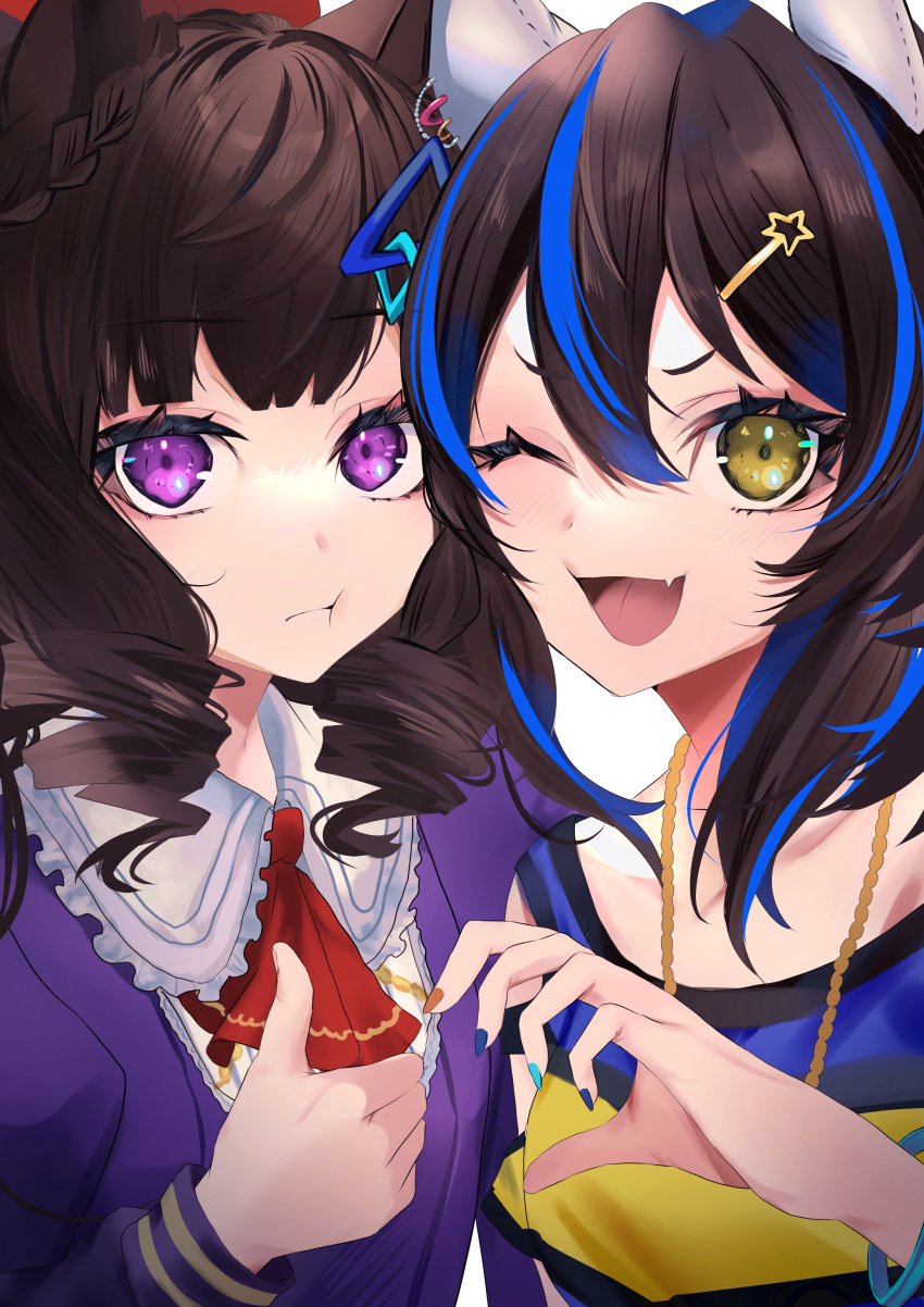 2girls absurdres animal_ears black_hair collarbone commentary_request daiichi_ruby_(umamusume) daitaku_helios_(umamusume) fang fingernails gothic_lolita hair_between_eyes heart_hands_failure highres horse_ears horse_girl jewelry lolita_fashion long_hair looking_at_viewer medium_hair multicolored_hair multiple_girls necklace one_eye_closed portrait pout purple_eyes simple_background toa510 two-tone_hair umamusume white_background