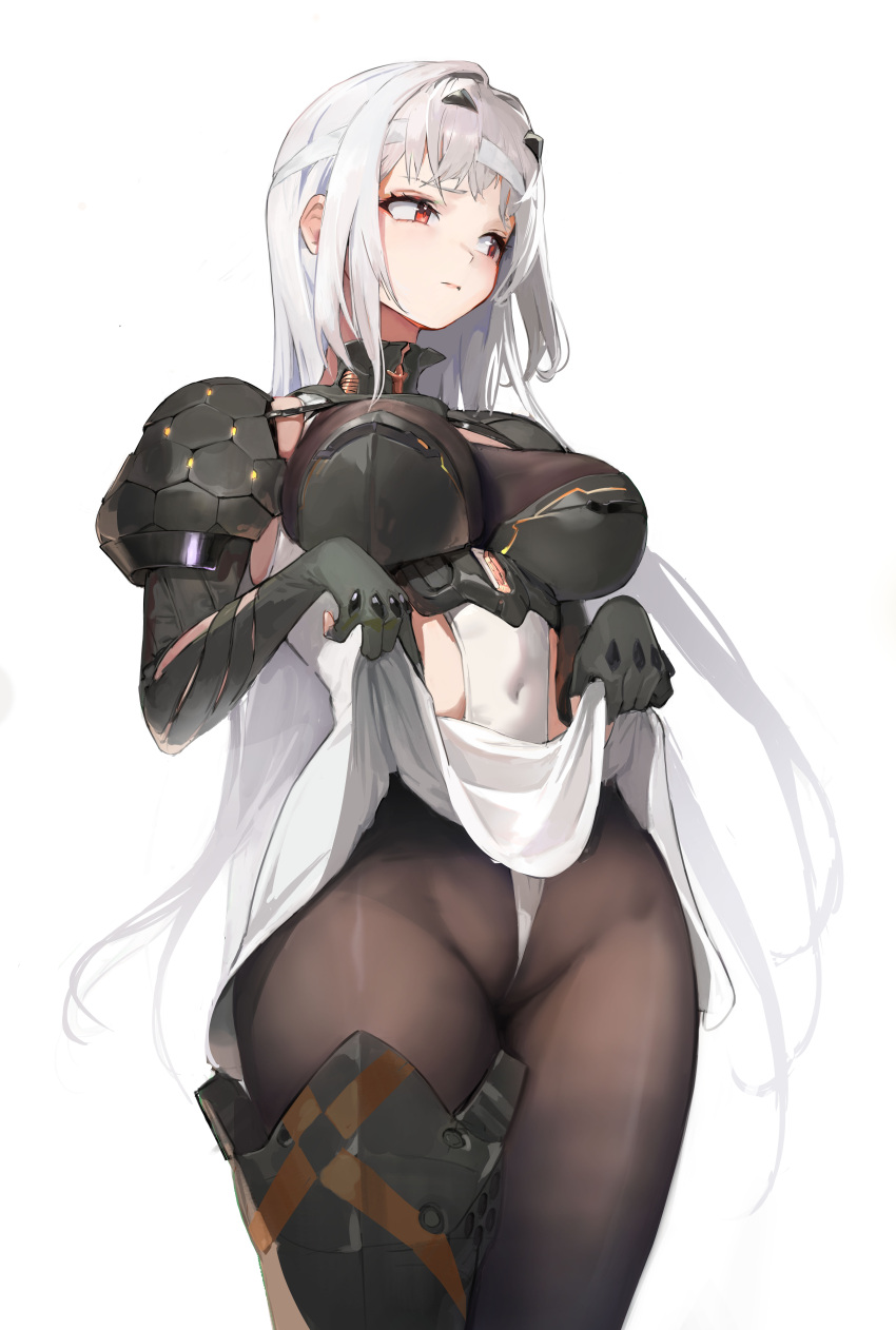 1girl absurdres armor armored_bodysuit armored_gloves blush bodysuit breasts brown_bodysuit clothes_lift covered_navel elbow_gloves gloves goddess_of_victory:_nikke highres large_breasts lifted_by_self long_hair long_sleeves looking_to_the_side modernia_(nikke) pantyhose red_eyes see-through see-through_cleavage shoulder_armor simple_background single_thighhigh solo takune019 thighhighs thighs white_hair