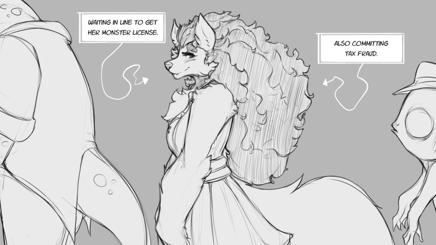 16:9 anthro canid canine clothing english_text female greyscale gwen_(sharkrags) looking_at_viewer mammal monochrome solo tax_fraud text watsup were werecanid werecanine werewolf widescreen