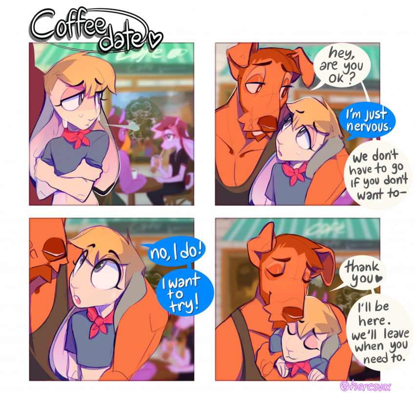 &lt;3 4_panel_comic anthro athens_(heresvix) avian bandanna bandanna_on_neck blonde_hair bodily_fluids border boyfriends brown_body brown_fur canid canine canis chin_tuft clothing crop_top date deer dialogue domestic_dog duo_focus english_text european_mythology eyes_closed facial_tuft falcon_mccooper_(character) floppy_ears fur girly greek_mythology grey_body grey_fur group hair heresvix hi_res hippogriff kerchief lagomorph leporid male mammal muscle_tone musclegut muscular muscular_anthro muscular_male mythological_avian mythology pecs rabbit shirt speech_bubble sweat sweatdrop tank_top text topwear white_border wide_eyed