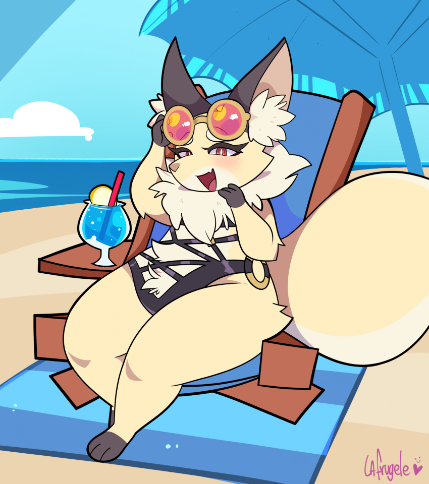 anthro beach beach_blanket beach_umbrella beverage big_tail blue_sky blush canid canine chair clothing cygames eyewear female fox furniture hi_res inner_ear_fluff la-frugele mammal neck_tuft red_eyes seaside shirano signature sky smile solo sunglasses swimwear tail thick_thighs tuft umbrella world_flipper