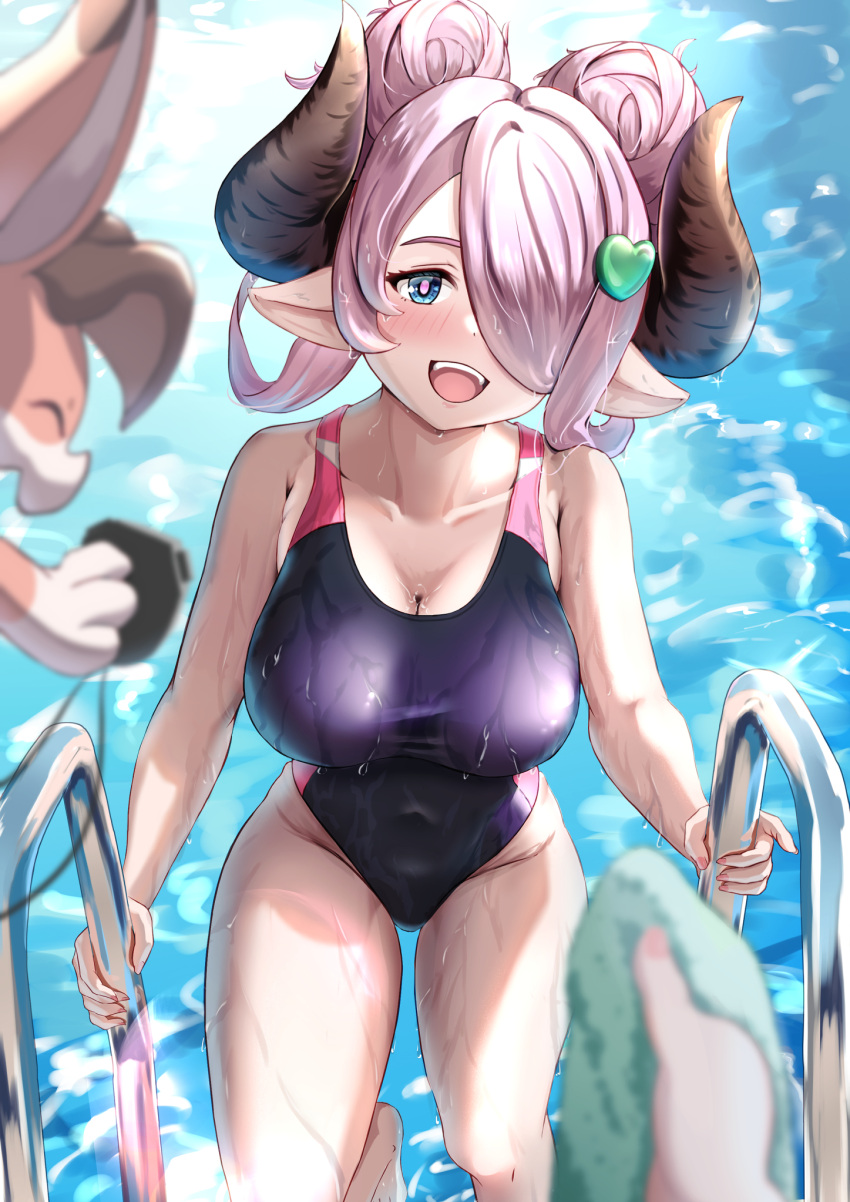 1girl blush breasts cleavage competition_swimsuit covered_navel double_bun draph granblue_fantasy hair_bun hair_over_one_eye highleg highres horns large_breasts light_purple_hair long_hair multicolored_clothes multicolored_eyes multicolored_swimsuit narmaya_(granblue_fantasy) navel on_ladder one-piece_swimsuit pizzicato_il pointy_ears pool pool_ladder poolside pov stopwatch swimsuit thighs towel two-tone_swimsuit vyrn_(granblue_fantasy) wet wet_clothes wet_swimsuit